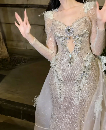 Glam Sweetheart Neck Sequins Prom Dress Long Sleeve Beaded Mermaid Evening Dress GG6445