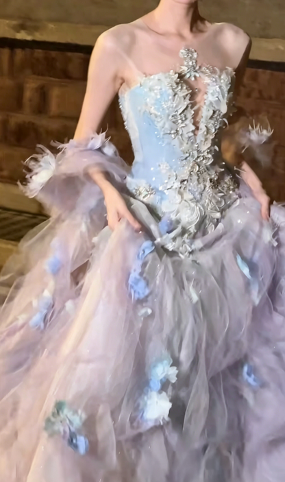 Glamorous Illusion Neck Purple Prom Dress Sequins Appliques A-Line Evening Dress GG6446
