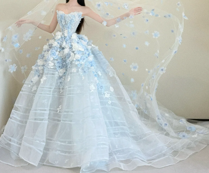 Romantic Strapless Blue Prom Dress Appliques Tulle A-Line Evening Dress GG6448
