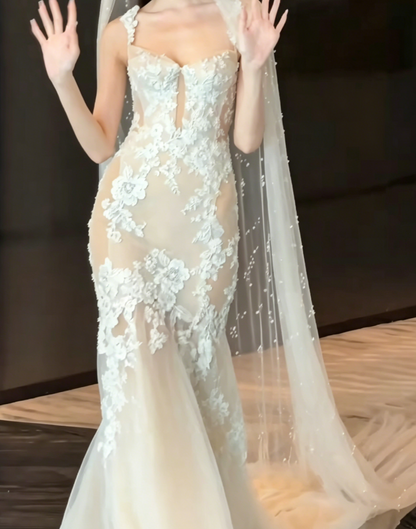 Elegant Spaghetti Straps Beige Prom Dress Lace Tulle Mermaid Evening Dress GG6449