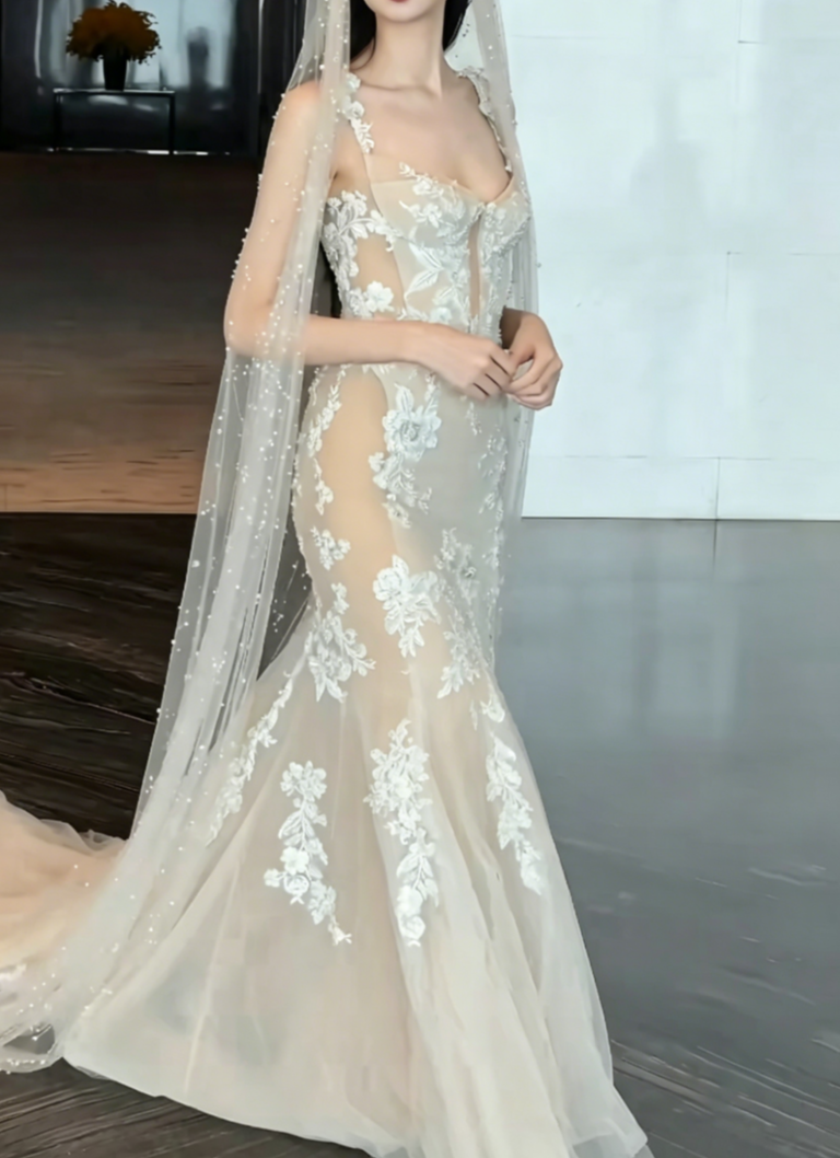 Elegant Spaghetti Straps Beige Prom Dress Lace Tulle Mermaid Evening Dress GG6449