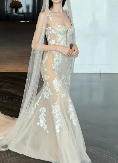 Elegant Spaghetti Straps Beige Prom Dress Lace Tulle Mermaid Evening Dress GG6449