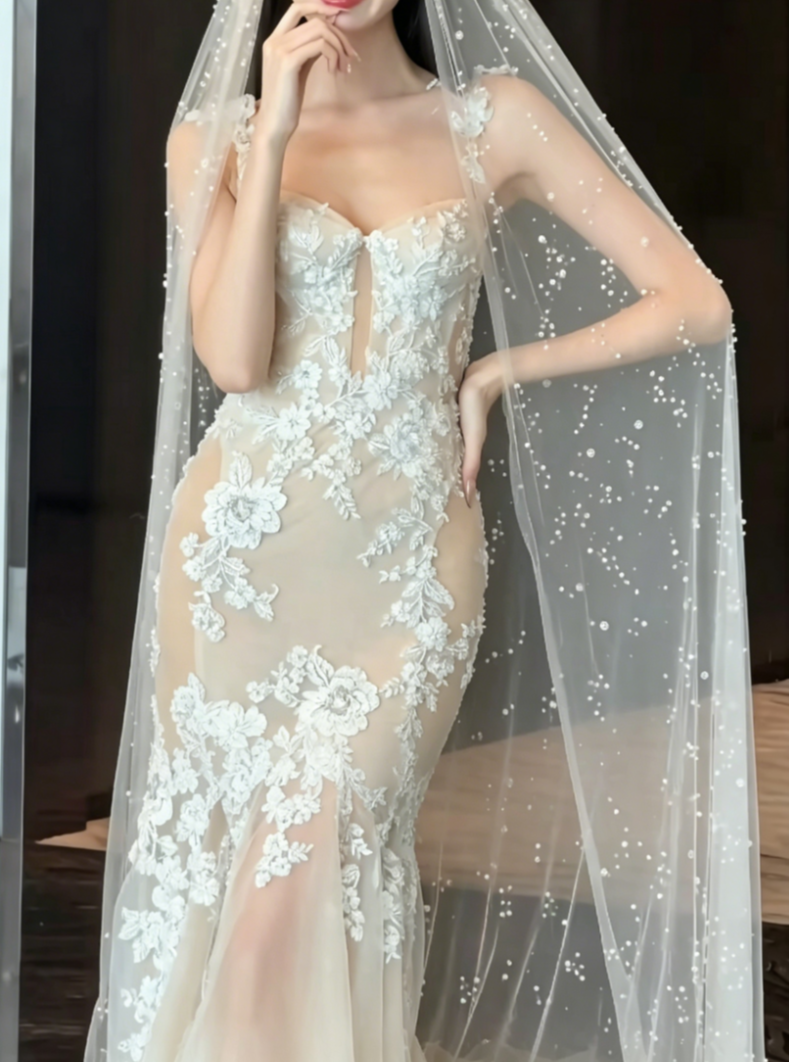Elegant Spaghetti Straps Beige Prom Dress Lace Tulle Mermaid Evening Dress GG6449