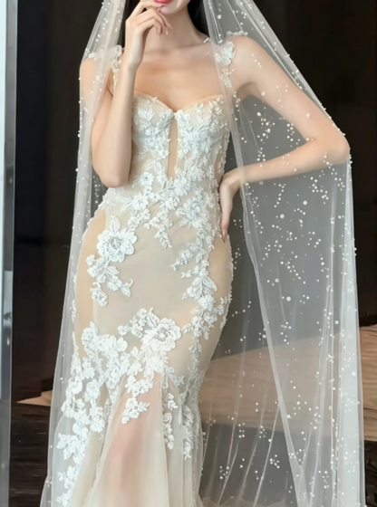 Elegant Spaghetti Straps Beige Prom Dress Lace Tulle Mermaid Evening Dress GG6449