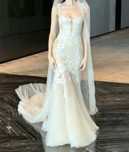 Elegant Spaghetti Straps Beige Prom Dress Lace Tulle Mermaid Evening Dress GG6449