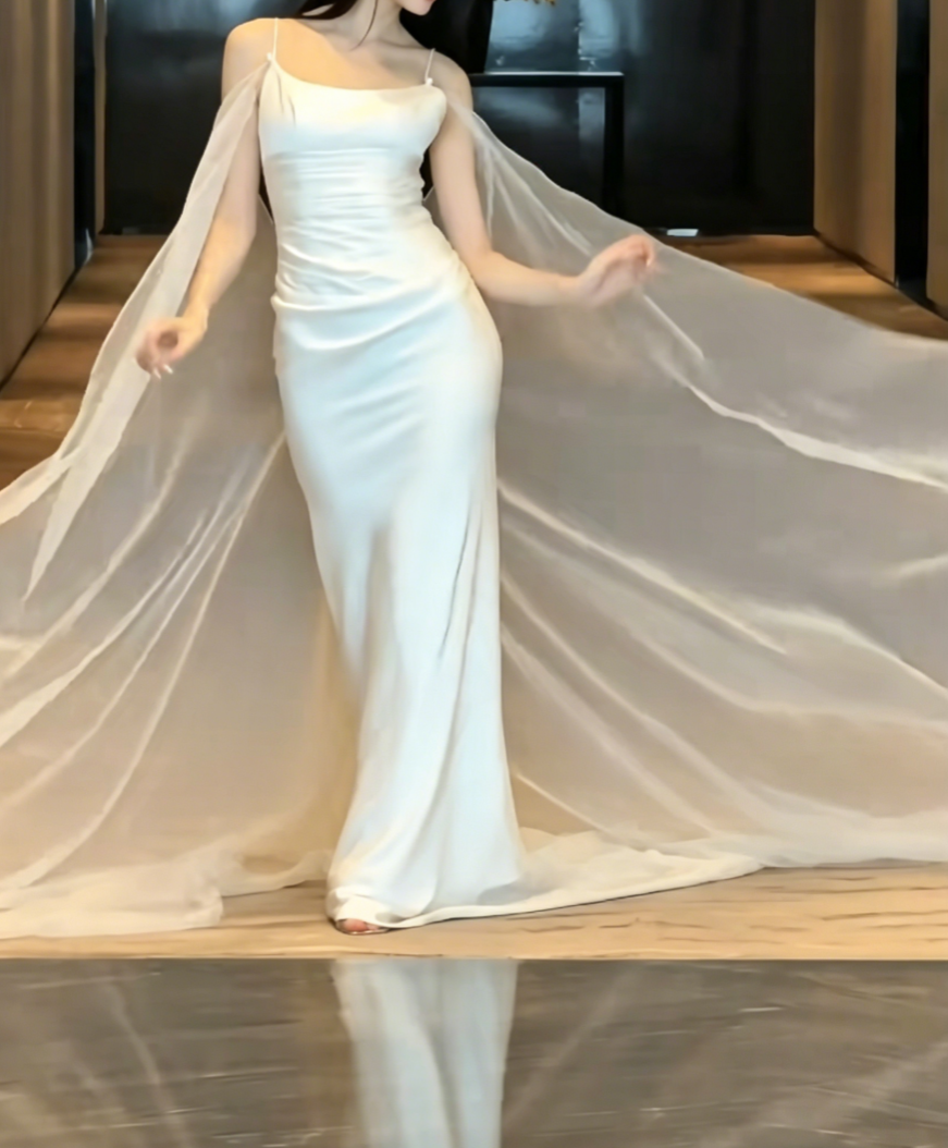 Elegant Spaghetti Straps White Wedding Dress Satin Tulle Sheath Bridal Dress GG6451