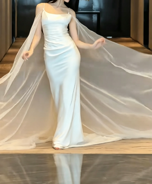 Elegant Spaghetti Straps White Wedding Dress Satin Tulle Sheath Bridal Dress GG6451