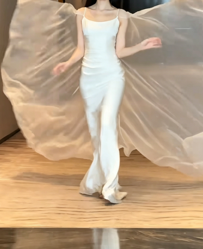 Elegant Spaghetti Straps White Wedding Dress Satin Tulle Sheath Bridal Dress GG6451