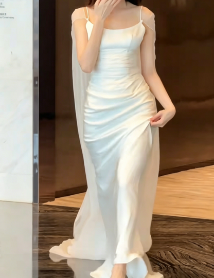 Elegant Spaghetti Straps White Wedding Dress Satin Tulle Sheath Bridal Dress GG6451