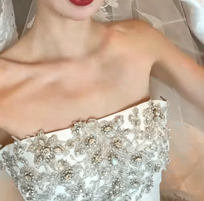 Glam Strapless Beaded Wedding Dress Satin A-Line Bridal Dress GG6454