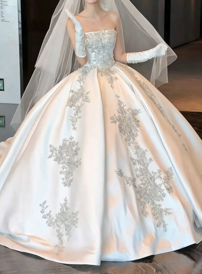 Glam Strapless Beaded Wedding Dress Satin A-Line Bridal Dress GG6454