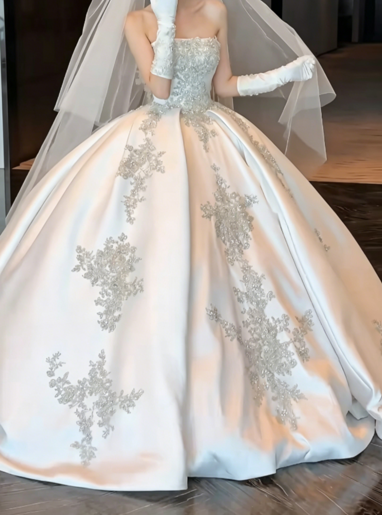 Glam Strapless Beaded Wedding Dress Satin A-Line Bridal Dress GG6454