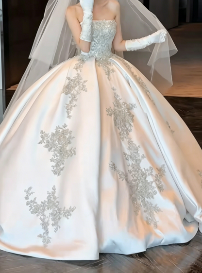Glam Strapless Beaded Wedding Dress Satin A-Line Bridal Dress GG6454