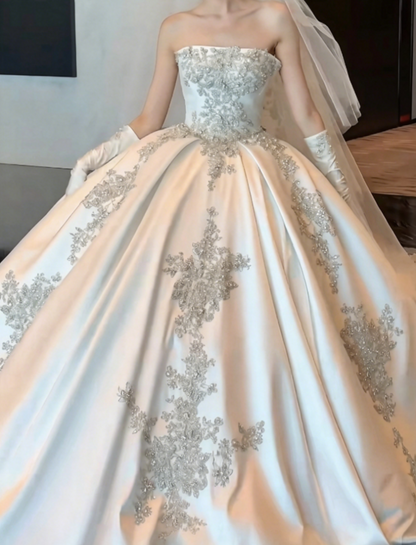 Glam Strapless Beaded Wedding Dress Satin A-Line Bridal Dress GG6454