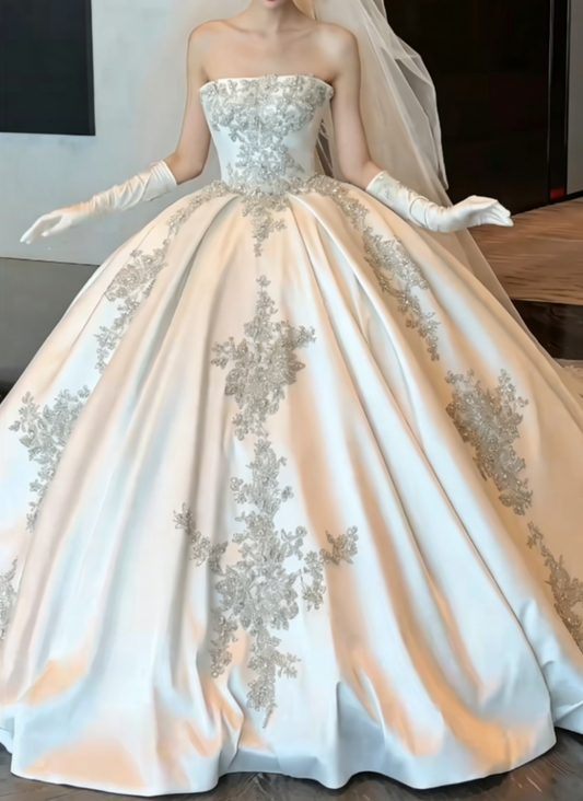 Glam Strapless Beaded Wedding Dress Satin A-Line Bridal Dress GG6454
