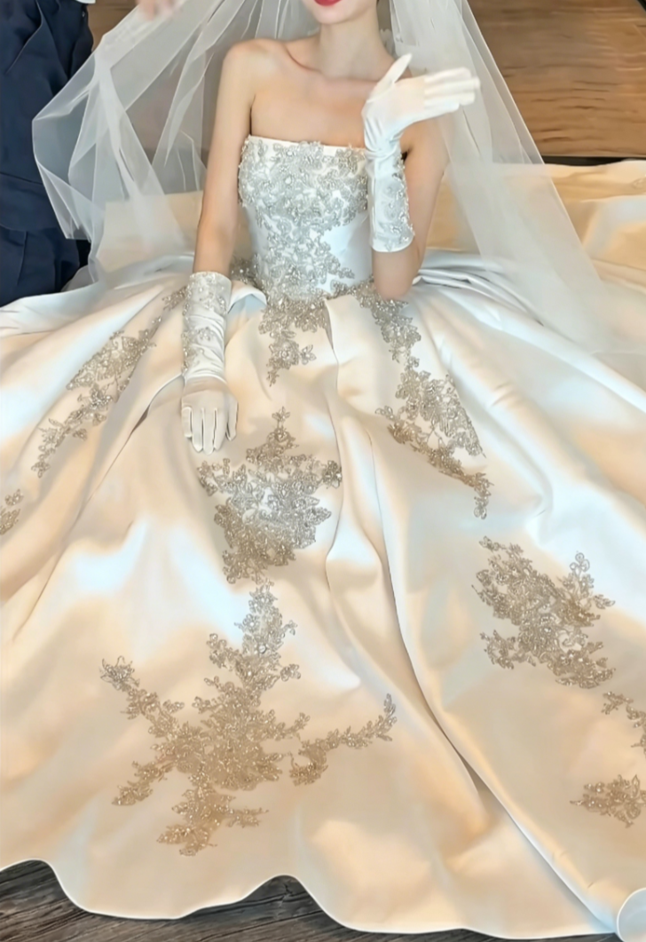 Glam Strapless Beaded Wedding Dress Satin A-Line Bridal Dress GG6454