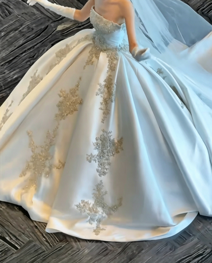 Glam Strapless Beaded Wedding Dress Satin A-Line Bridal Dress GG6454