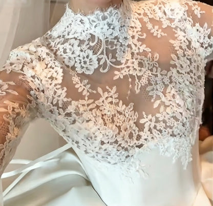 Vintage Lace Wedding Dress Long Sleeve Satin A-Line Bridal Dress GG6455