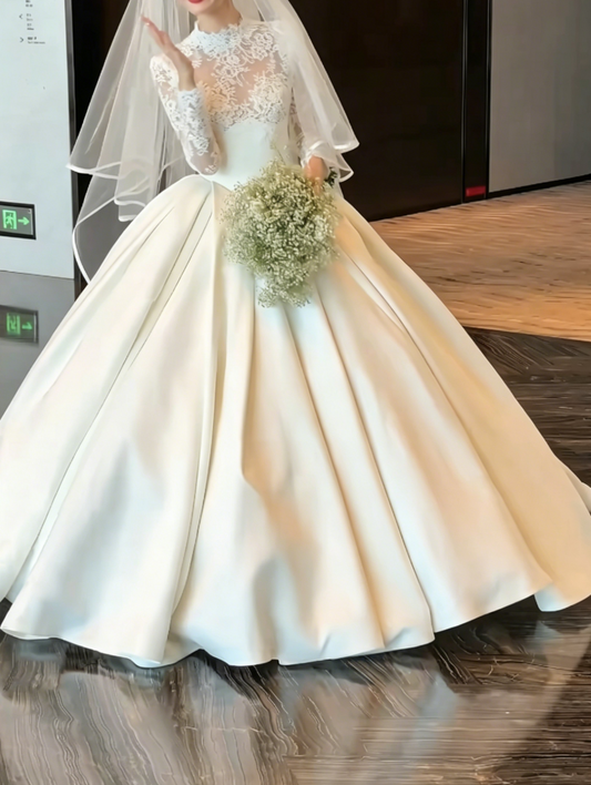 Vintage Lace Wedding Dress Long Sleeve Satin A-Line Bridal Dress GG6455