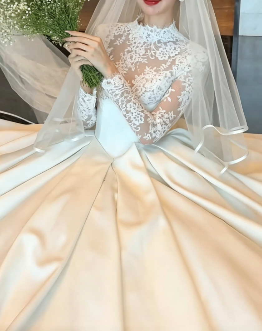 Vintage Lace Wedding Dress Long Sleeve Satin A-Line Bridal Dress GG6455