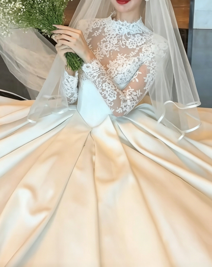 Vintage Lace Wedding Dress Long Sleeve Satin A-Line Bridal Dress GG6455