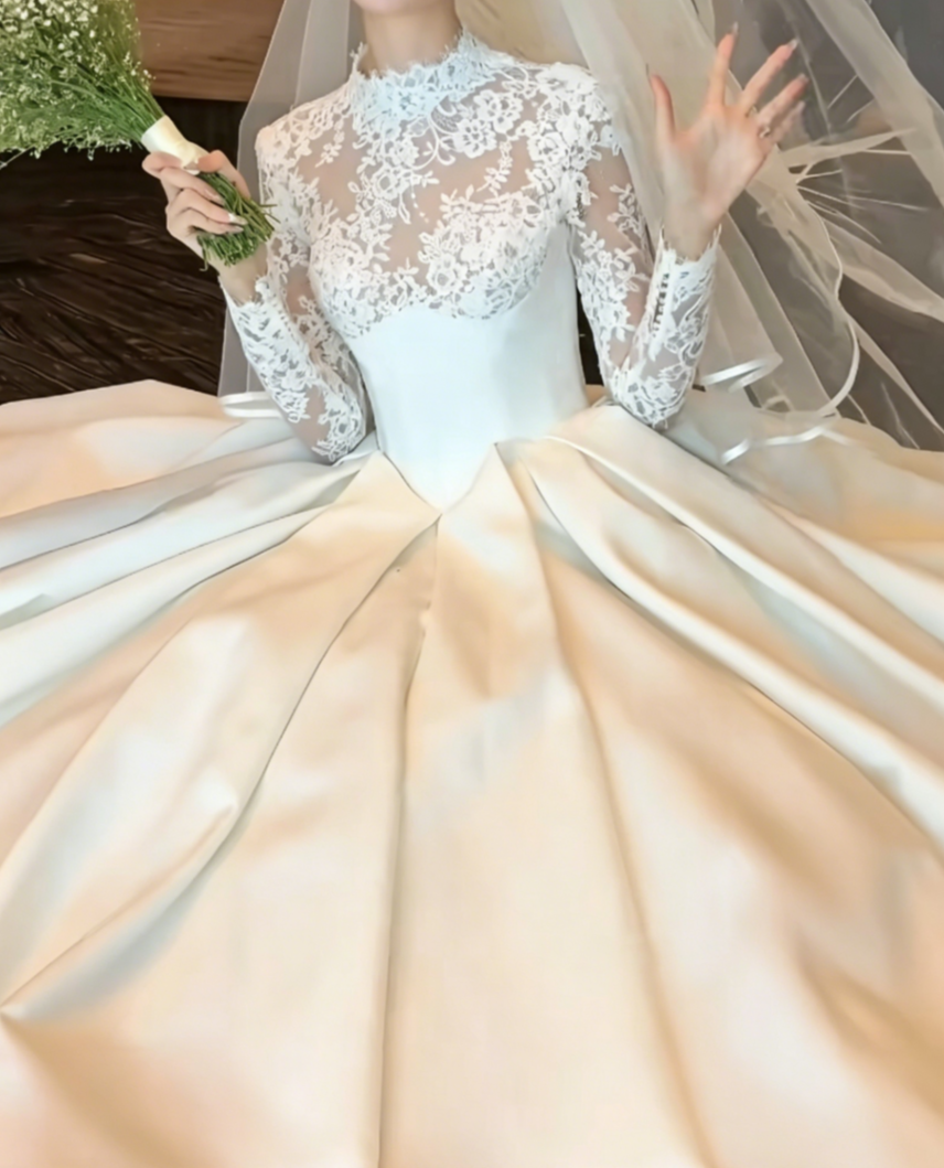 Vintage Lace Wedding Dress Long Sleeve Satin A-Line Bridal Dress GG6455