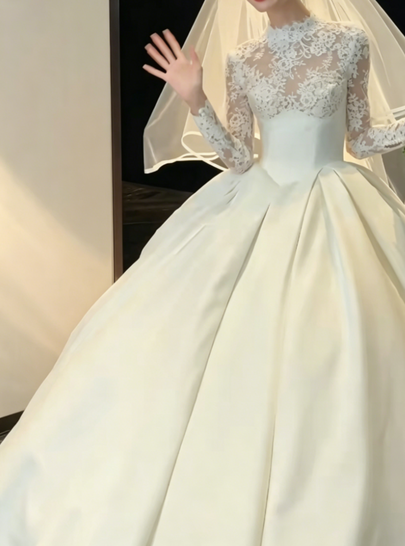 Vintage Lace Wedding Dress Long Sleeve Satin A-Line Bridal Dress GG6455