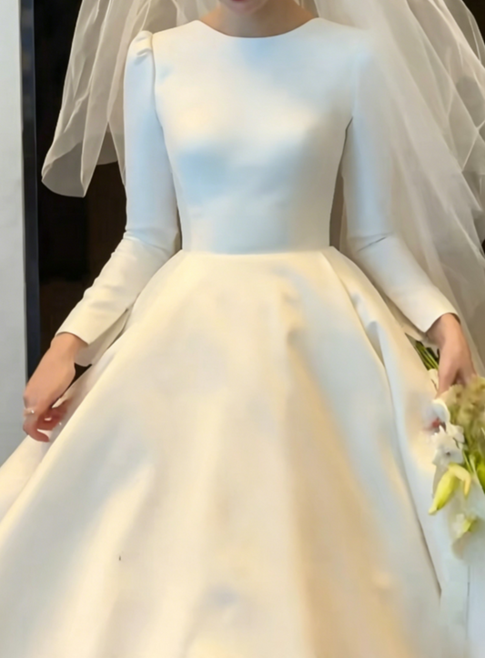 Simple Satin Wedding Dress Long Sleeve A-Line Bridal Dress GG6456