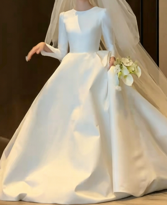 Simple Satin Wedding Dress Long Sleeve A-Line Bridal Dress GG6456