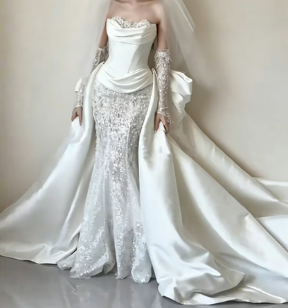 Romantic Strapless Beading Wedding Dress Satin Mermaid Bridal Dress GG6458