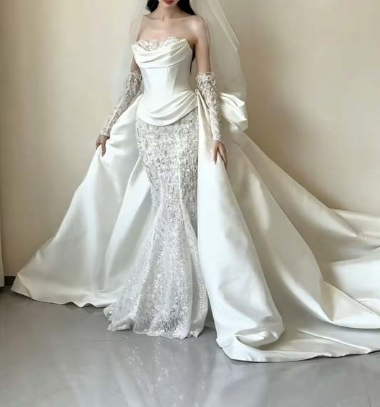 Romantic Strapless Beading Wedding Dress Satin Mermaid Bridal Dress GG6458