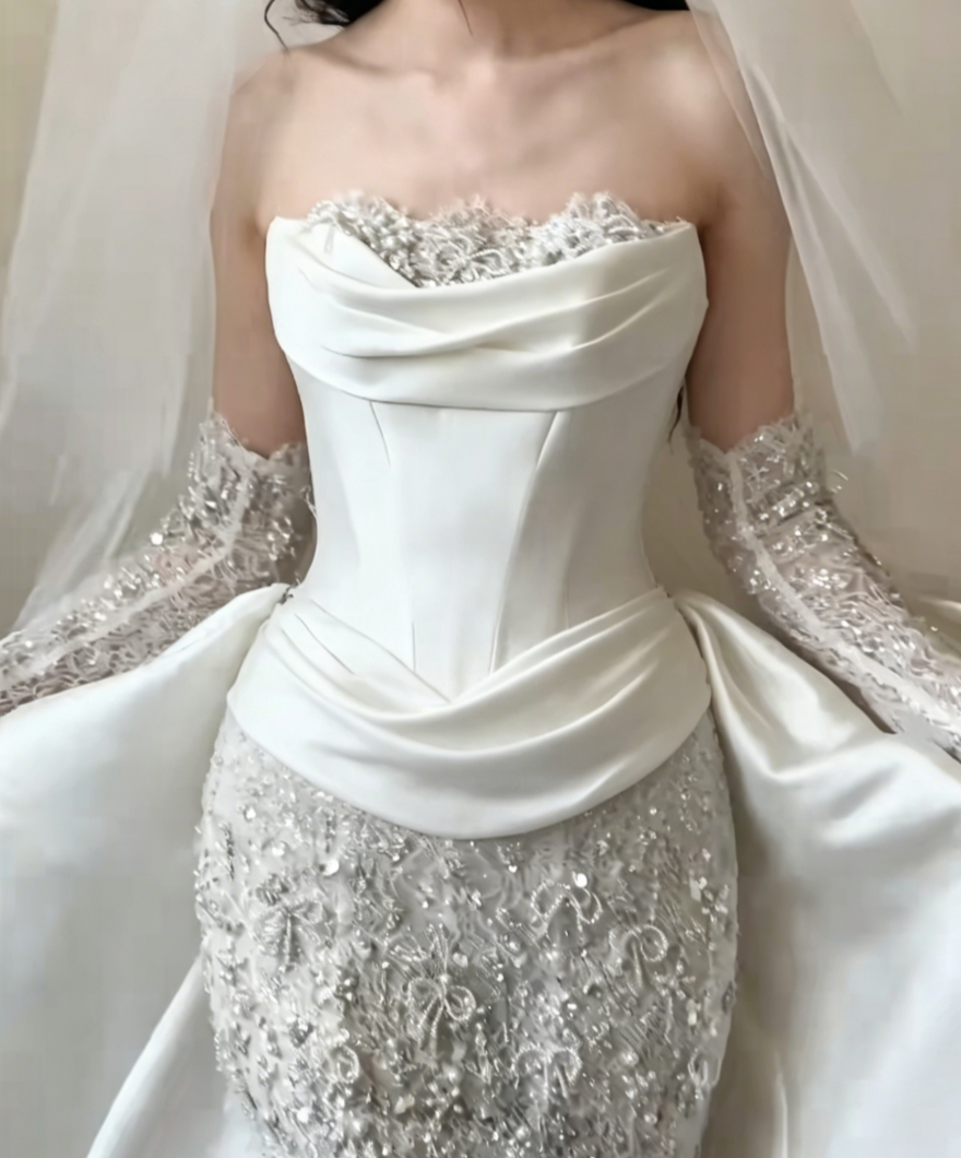 Romantic Strapless Beading Wedding Dress Satin Mermaid Bridal Dress GG6458