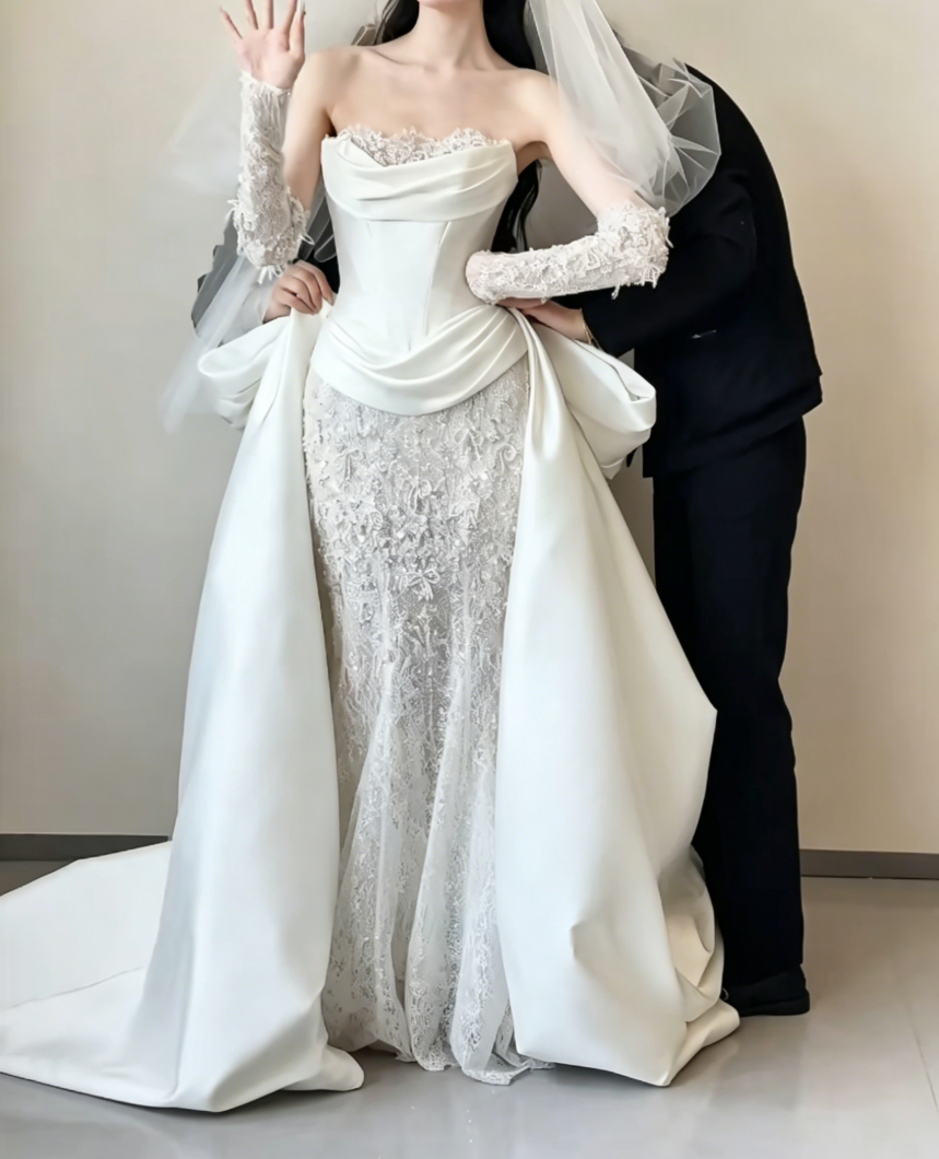 Romantic Strapless Beading Wedding Dress Satin Mermaid Bridal Dress GG6458