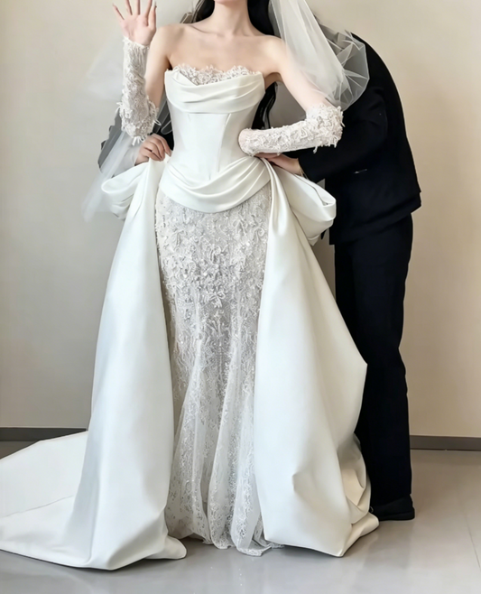 Romantic Strapless Beading Wedding Dress Satin Mermaid Bridal Dress GG6458