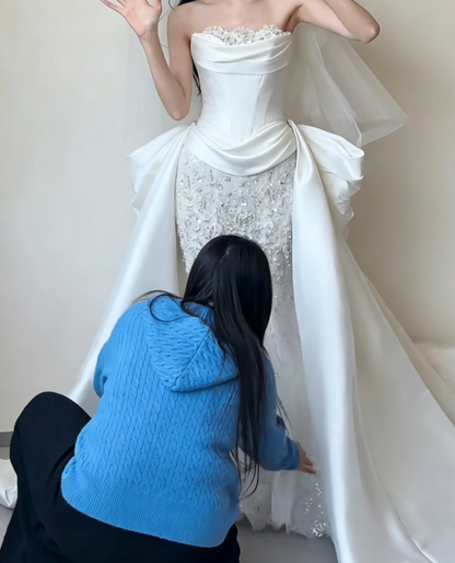 Romantic Strapless Beading Wedding Dress Satin Mermaid Bridal Dress GG6458