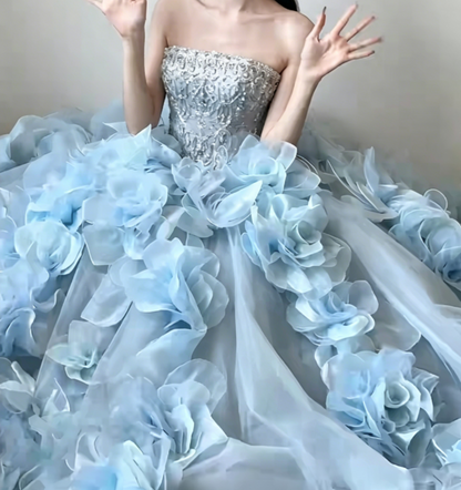 Exquisite Strapless Blue Prom Dress Appliques Beaded A-Line Evening Dress GG6459
