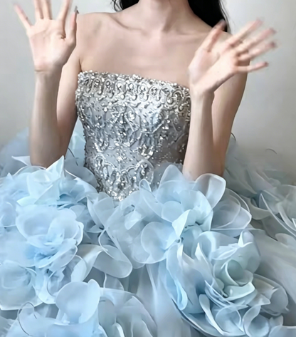 Exquisite Strapless Blue Prom Dress Appliques Beaded A-Line Evening Dress GG6459