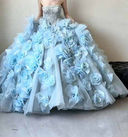 Exquisite Strapless Blue Prom Dress Appliques Beaded A-Line Evening Dress GG6459