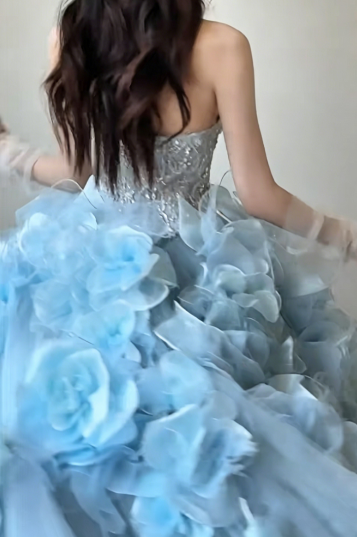 Exquisite Strapless Blue Prom Dress Appliques Beaded A-Line Evening Dress GG6459