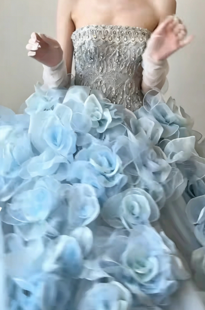 Exquisite Strapless Blue Prom Dress Appliques Beaded A-Line Evening Dress GG6459