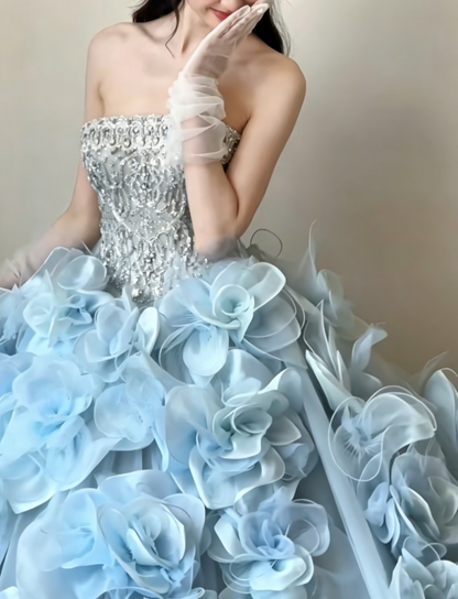 Exquisite Strapless Blue Prom Dress Appliques Beaded A-Line Evening Dress GG6459