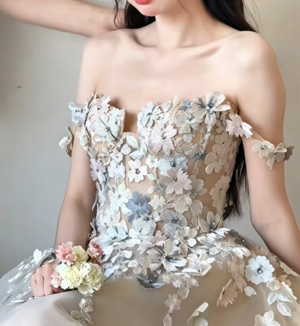 Ornate Off-Shoulder Ivory Prom Dress Appliques Beads A-Line Evening Dress GG6460
