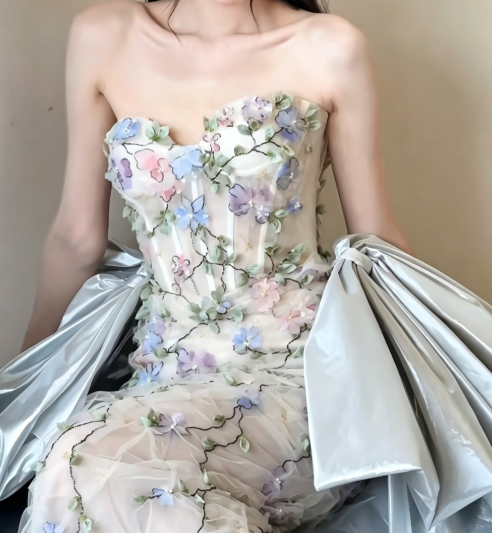 Glam Strapless Floral Prom Dress Appliques Beaded Mermaid Evening Dress GG6461