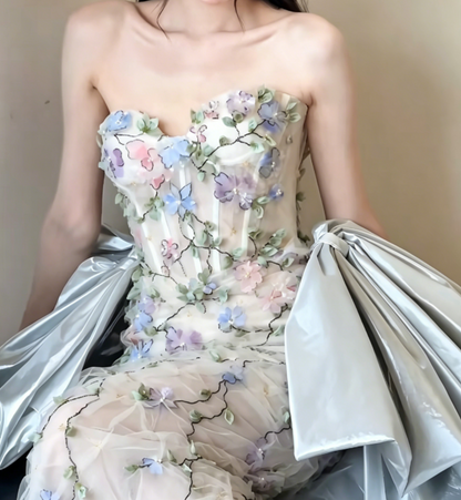 Glam Strapless Floral Prom Dress Appliques Beaded Mermaid Evening Dress GG6461