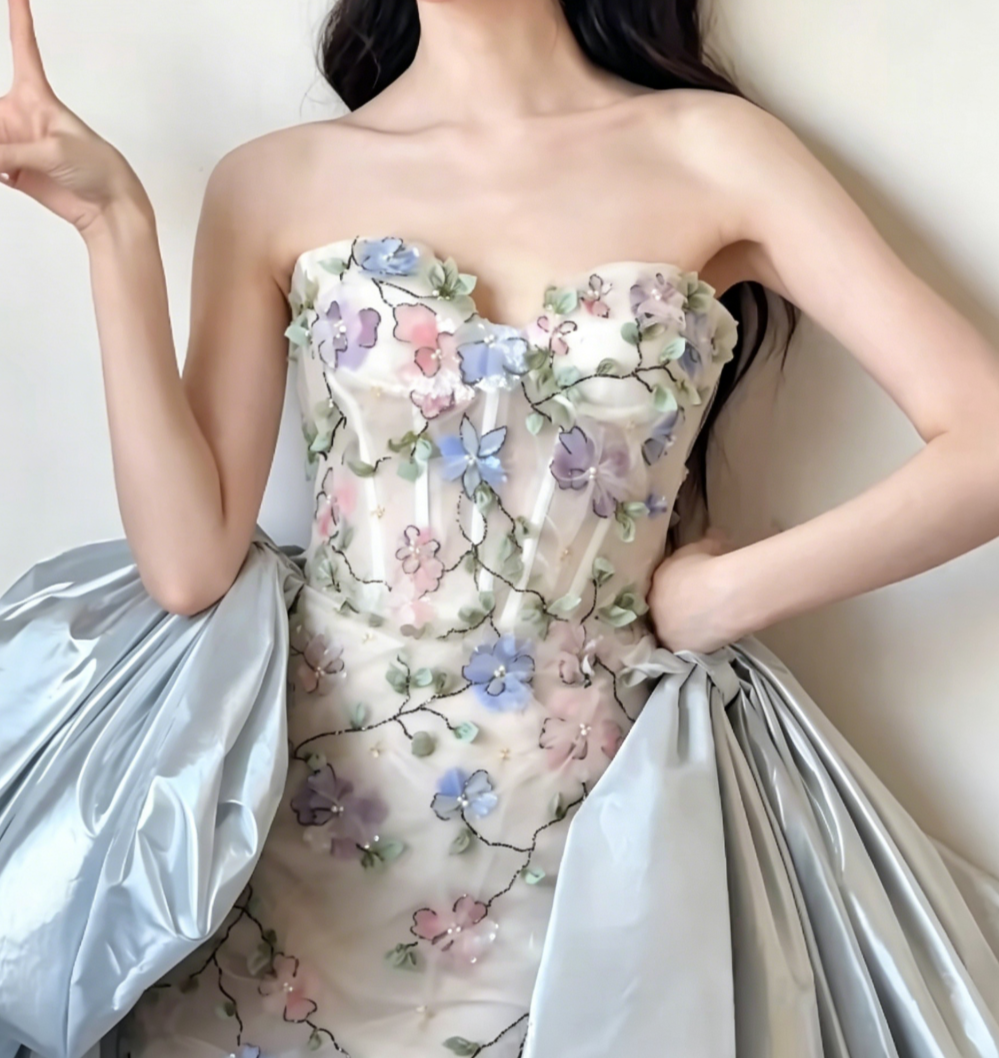 Glam Strapless Floral Prom Dress Appliques Beaded Mermaid Evening Dress GG6461