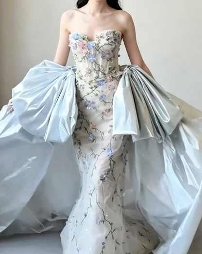 Glam Strapless Floral Prom Dress Appliques Beaded Mermaid Evening Dress GG6461