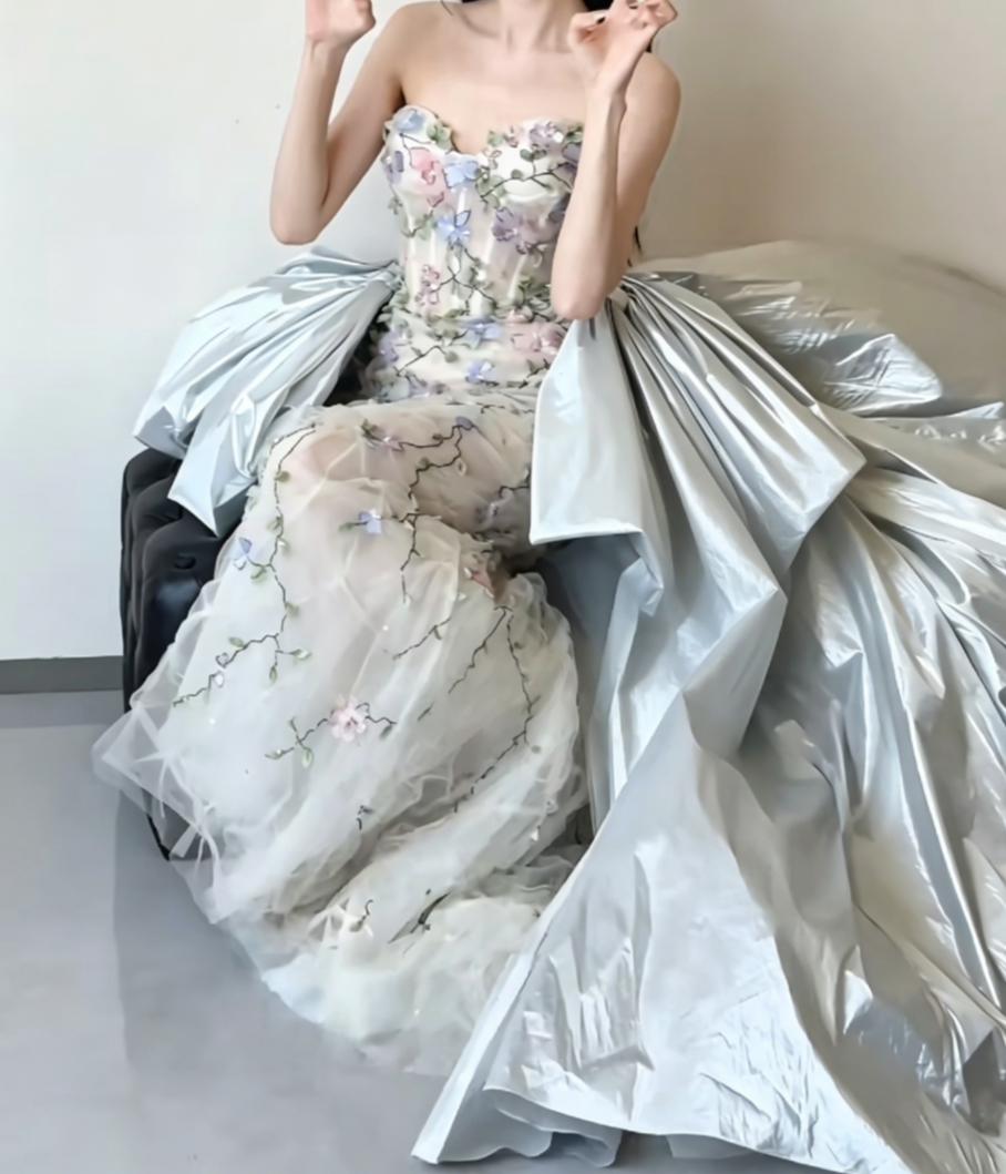 Glam Strapless Floral Prom Dress Appliques Beaded Mermaid Evening Dress GG6461
