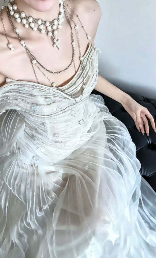 Ornate Strapless Beading Wedding Dress Tulle Mermaid Bridal Dress GG6462