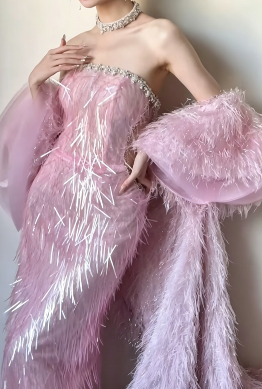 Sleek Strapless Pink Prom Dress Beaded Mermaid Evening Dress GG6463