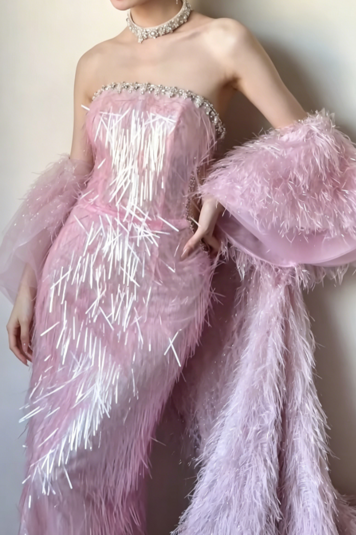 Sleek Strapless Pink Prom Dress Beaded Mermaid Evening Dress GG6463